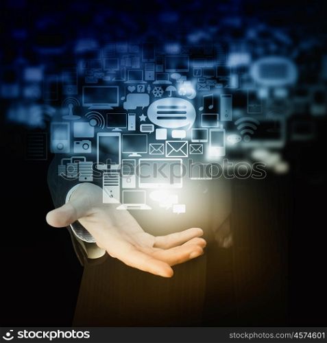Cloud computing. Businessman hand holding cloud computing concept in palm