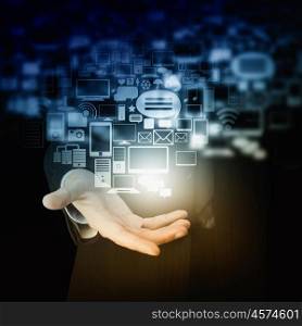 Cloud computing. Businessman hand holding cloud computing concept in palm