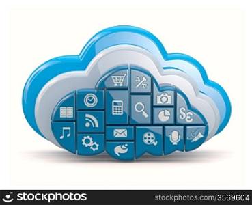 Cloud computing. Clouds as application icons on white background. 3d