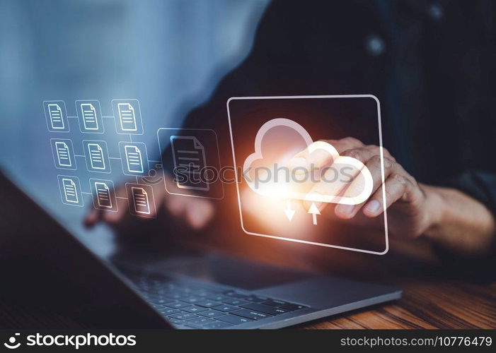 Cloud computing concept, cloud computing diagram show on hand. Cloud technology. Data storage. Networking and internet service concept.
