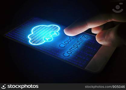 Cloud computing concept, Man using smartphone with virsual screen.