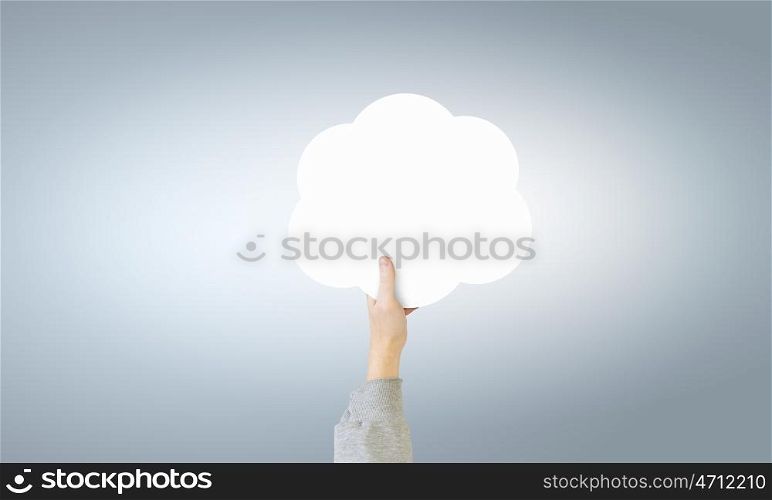 Cloud computing concept. Many hands of business people holding cloud symbol on color background
