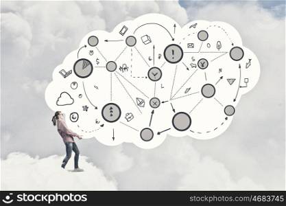Cloud computing concept. Student girl carry in hands white cloud with connection lines