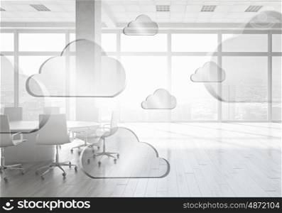 Cloud computing concept. White elegant office interior and cloud connection concept 3d render