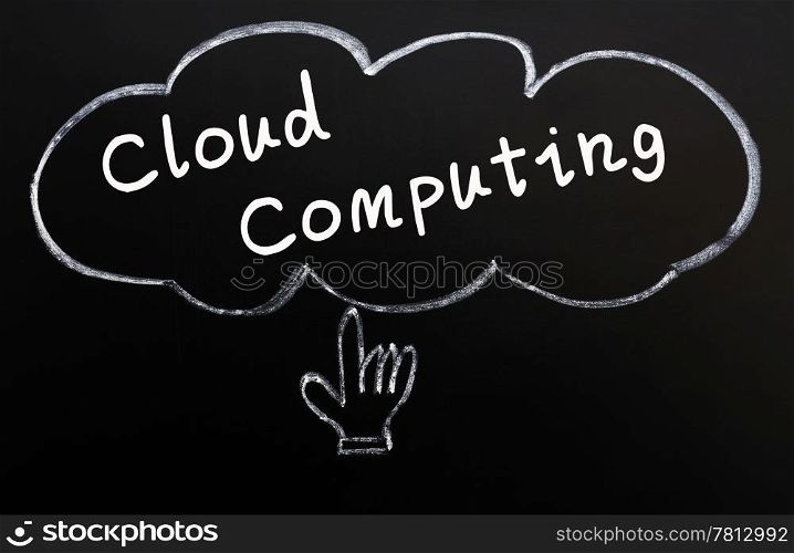 Cloud computing concept with a hand cursor drawn in chalk on a blackboard