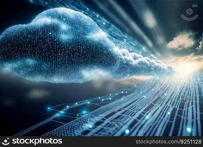 Cloud computing concept with digital cloud of remote connections of internet user data. Data storage in modern web. Generated AI. Cloud computing concept with digital cloud of remote connections of internet user data. Data storage in modern web. Generated AI.