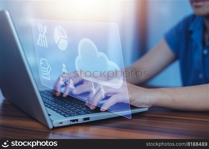 Cloud computing concept, woman using computer login Cloud computing concept and Cloud computing security for using data on cloud computing data