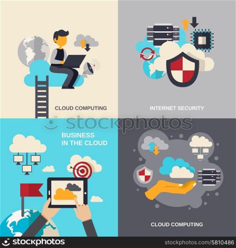 Cloud computing design concept set with internet security and business flat icons isolated vector illustration. Cloud Computing Flat Set