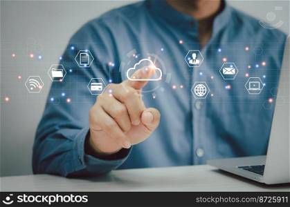 Cloud computing diagram technology. Data storage. Networking and internet service concept.Businessman touching cloud icon virtual.