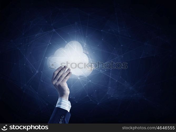Cloud computing icon on digital background. Businessman hand showing cloud network idea concept