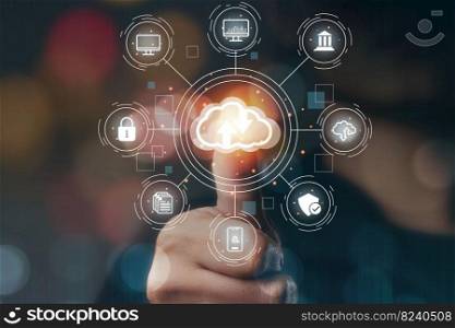 cloud computing in hand with icons cloud technology data storage, memory, document, business woman with thumbs touch in the concept of network and internet services