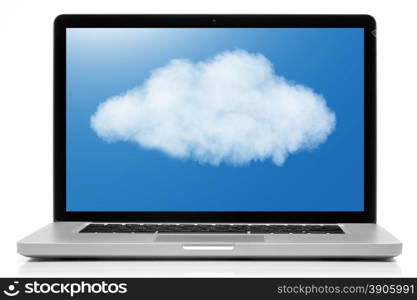 Cloud computing network concept. Notebook with cloud isolated on white