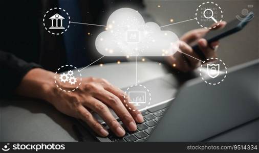 Cloud computing network connection, a man using a laptop with a conceptual cloud icon on the screen, a solution for data storage and backup with mobility and accessibility. 