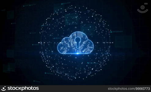 Cloud computing of cyber security, digital data network protection. High-speed connection data analysis. Technology data binary code network conveying connectivity background concept.