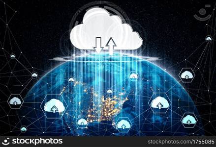 Cloud computing technology and online data storage in innovative perception . Cloud server data storage for global business network concept. Internet server service connection for cloud data transfer.. Cloud computing technology and online data storage in innovative perception