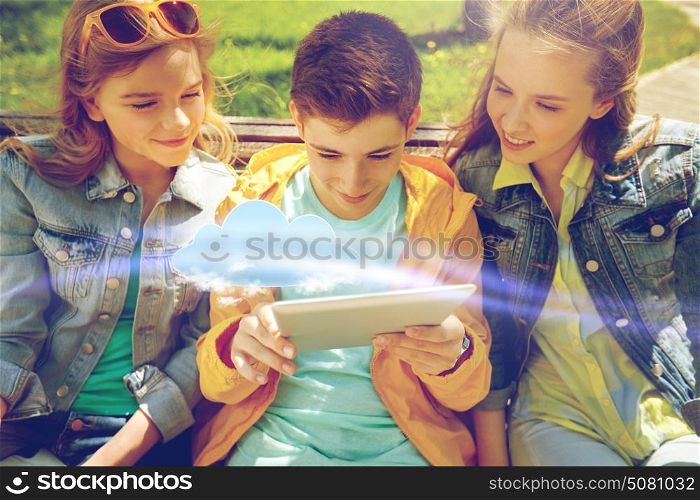 cloud computing, technology and people concept - group of happy teenage students or friends with tablet pc computers outdoors. students or friends with tablet pc outdoors