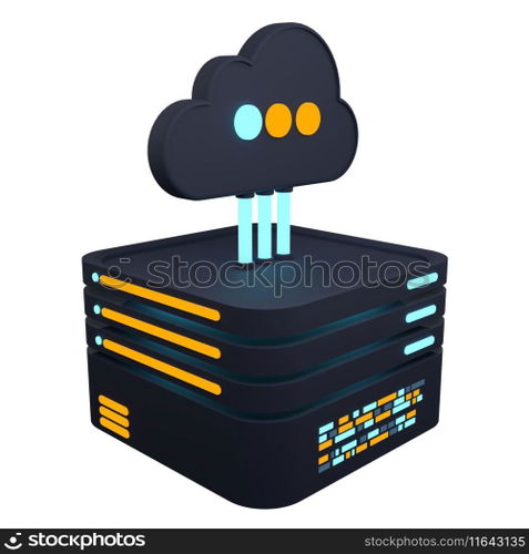 Cloud computing technology. Cloud data center with hosting server. Cloud service 3d rendering. Network and database. Cloud storage. 3d render illustration 