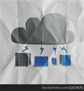 Cloud computing word on crumpled paper background  as concept