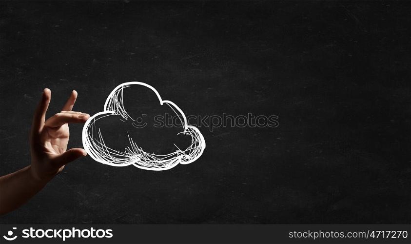 Cloud concept. Human hand and drawn cloud in palm
