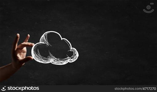 Cloud concept. Human hand and drawn cloud in palm