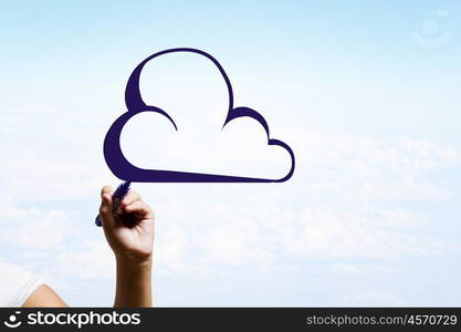 Cloud concept. Human hand drawing cloud symbol on sky background