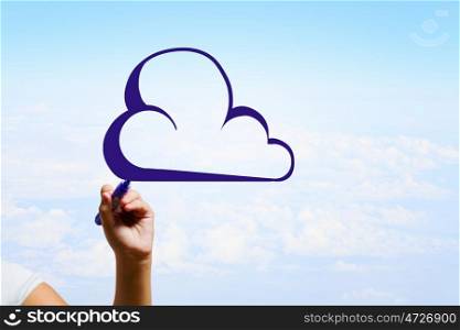 Cloud concept. Human hand drawing cloud symbol on sky background