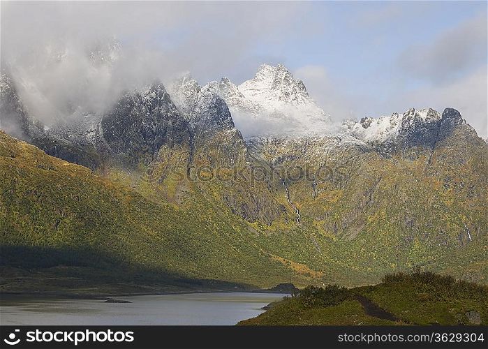 Cloud cover on mountains Lofoten Islands Norway