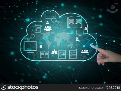 Cloud data storage and businessman&rsquo;s hand. Information exchange and secure data storage. Cloud server and high technology