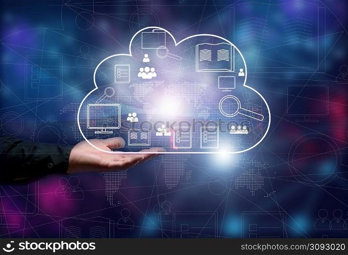Cloud data storage and businessman&rsquo;s male hand. Information exchange and secure data storage. Cloud server and high technology