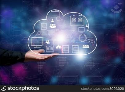 Cloud data storage and businessman&rsquo;s male hand. Information exchange and secure data storage. Cloud server and high technology