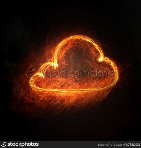 Cloud fire sign. Glowing fire icon for interface on dark background