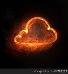 Cloud fire sign. Glowing fire icon for interface on dark background