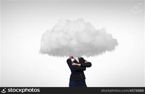 Cloud headed woman. Businesswoman in suit standing with her head in cloud