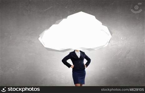 Cloud headed woman. Businesswoman in suit standing with her head in cloud