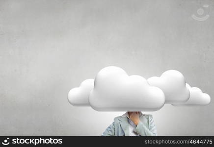 Cloud headed woman. Businesswoman in suit standing with her head in cloud