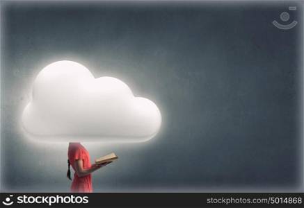 Cloud headed woman read book. Unrecognizable businesswoman with cloud instead of head