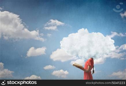 Cloud headed woman read book. Unrecognizable businesswoman with cloud instead of head