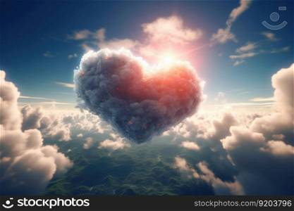 Cloud heart shaped in sunny light. Blue weather. Generate Ai. Cloud heart shaped in sunny light. Generate Ai
