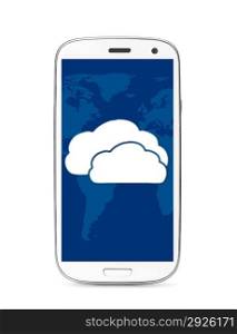 cloud icon on touch screen phone, cut out from white.