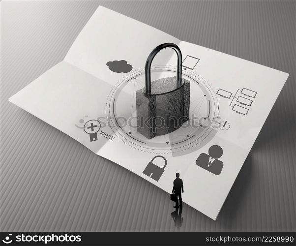 cloud network diagram with padlock on crumpled paper as Internet security online business concept