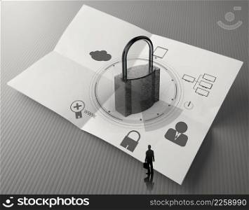 cloud network diagram with padlock on crumpled paper as Internet security online business concept