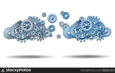 Cloud networking information technology concept with two groups of connected gears and cog wheels transfering and exchanging data in a virtual database storage network on a white background.
