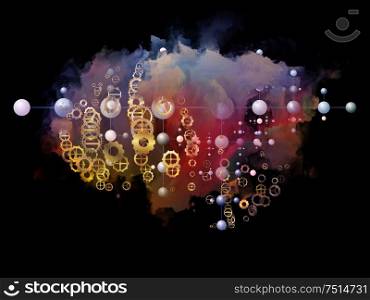 Cloud Networking series. Composition of gears, molecule symbols and colorful smoke on the subject of modern technology.