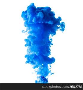 Cloud of blue liquid ink in the water, isolated on white background
