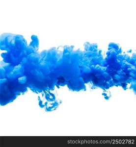 Cloud of blue liquid ink in the water, isolated on white background