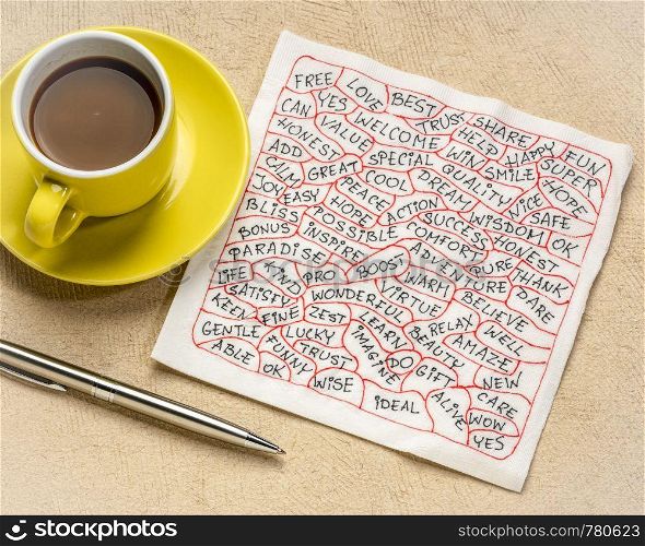 cloud of positive words - handwriting on a white napkin with a cup of coffee