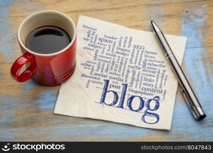 cloud of words or tags related to blogging and blog design - handwriting on a napkin with cup of coffee