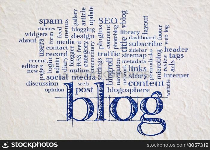cloud of words or tags related to blogging and blog design - handwriting on a Nepalese lokta paper