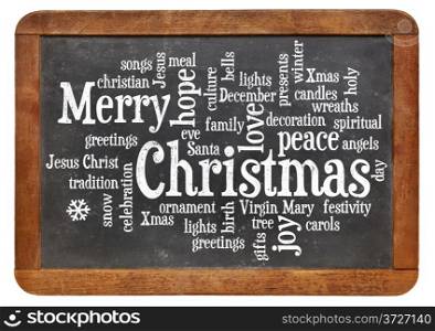 cloud of words or tags related to Christmas on a vintage slate blackboard