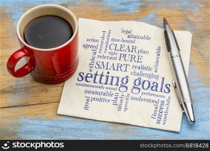cloud of words or tags related to setting goals and SMART, PURE and CLEAR methods on a napkin with a cup of coffee